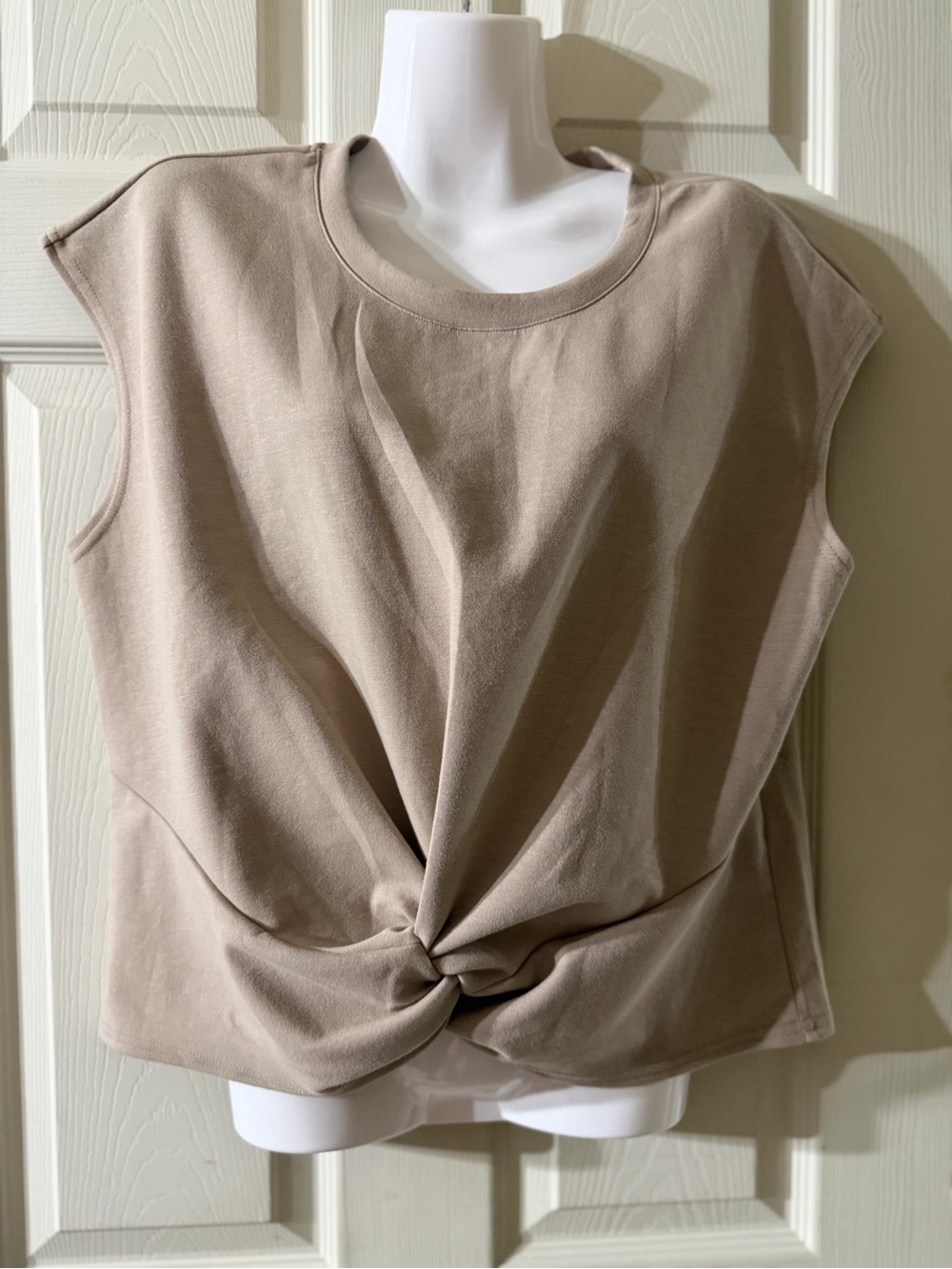 Sleeveless Taupe Twist-Front Blouse